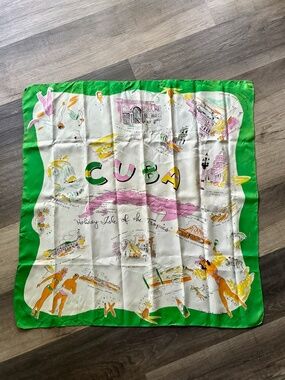 VTG 1940s Silk Souvenir Scarf Pre Castro Theme Novelty Print